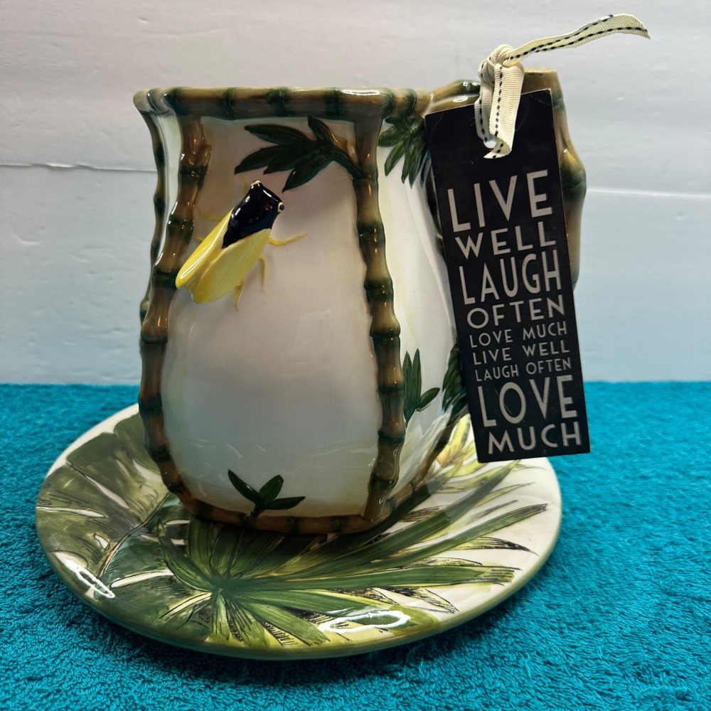 East of India Themed Bamboo Cicada Mug and Plate Set Tropical Ceramic Novelty